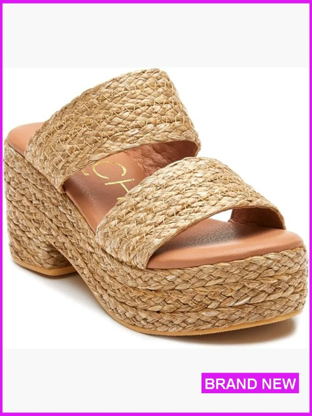 Woven Raffia Platform Slide Sandals Block Heel Summer Beach Vacation